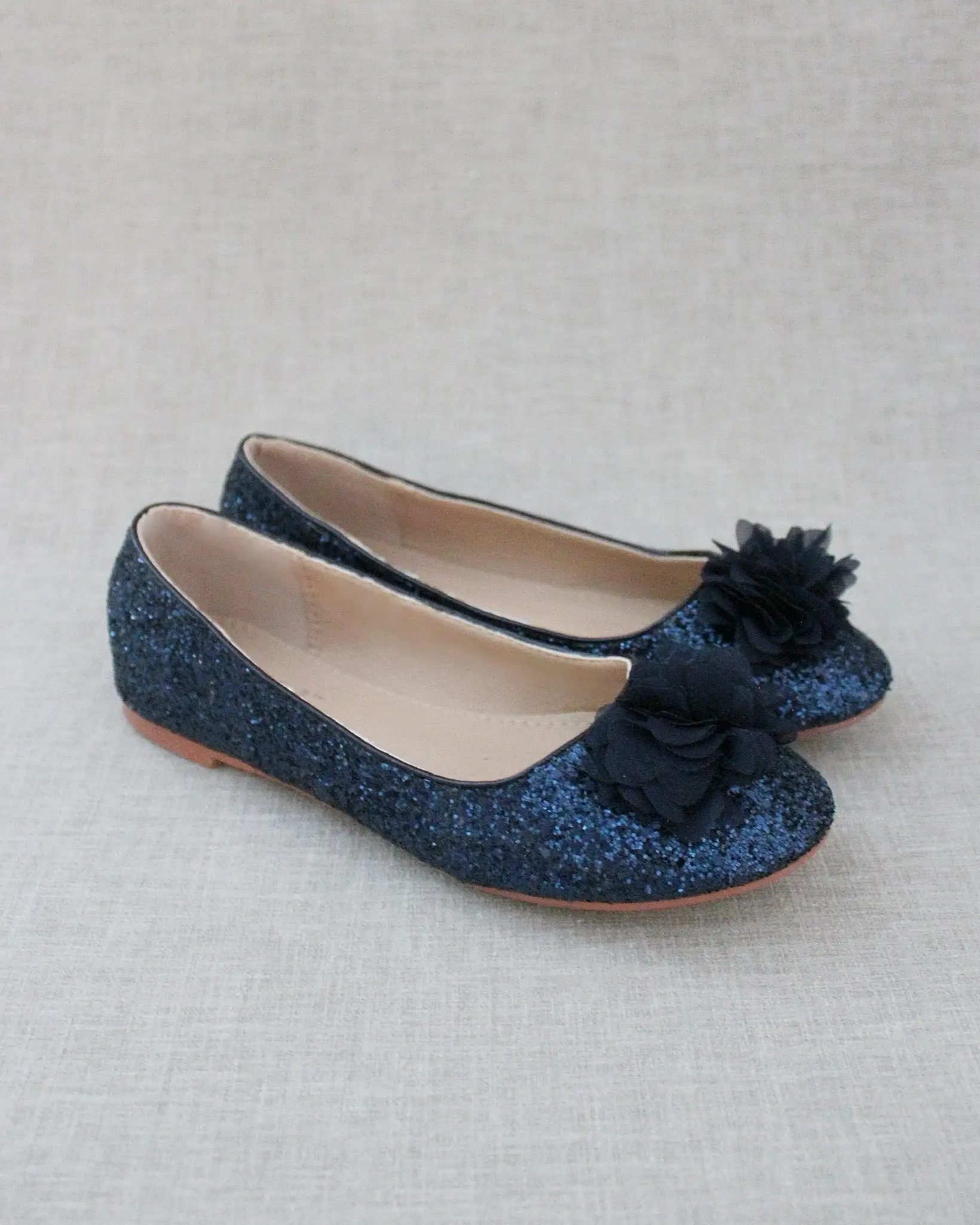 Glitter Round Toe Evening Flats with Chiffon Flowers