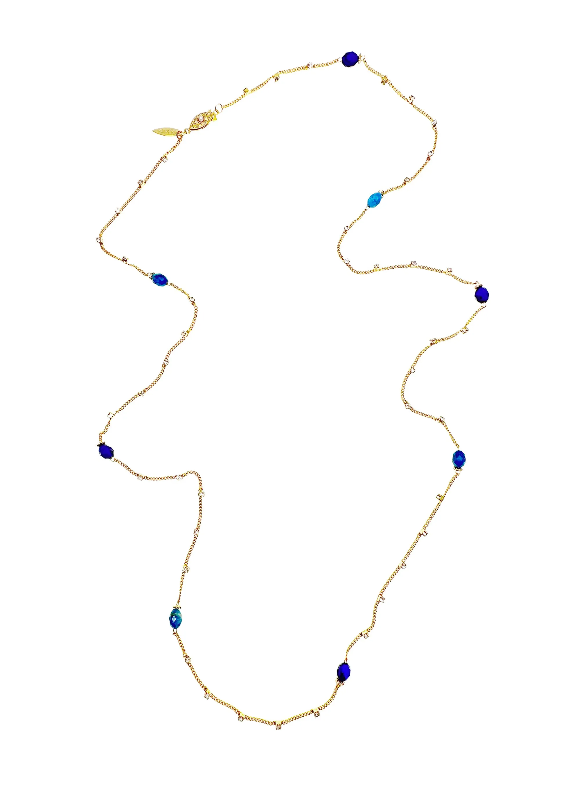 Gold Chain with Blue Gemstone Long Necklace LN032