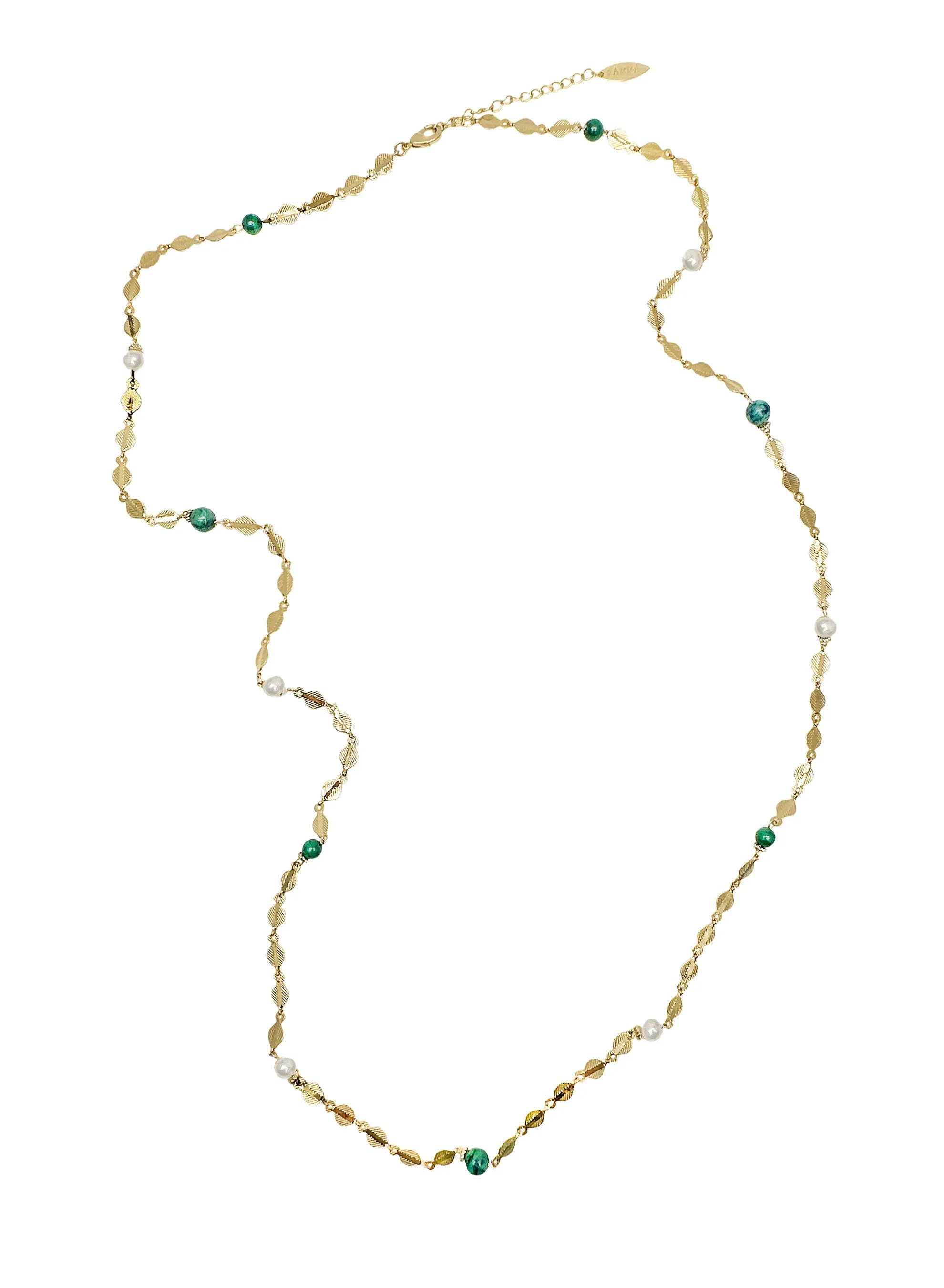 Gold Chain with Green Gemstones and White Pearls Long Necklace LN046