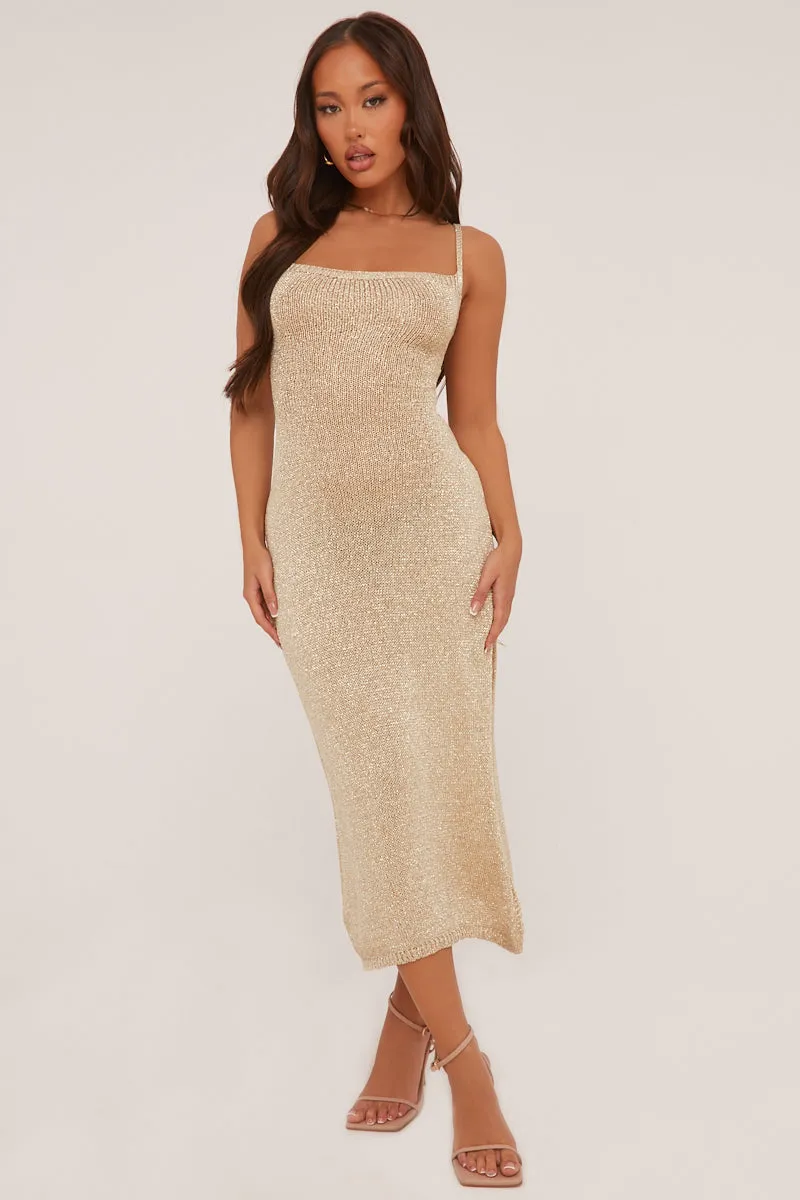 Gold Metallic Knit Side Slit Lace Maxi Dress - Kamiah