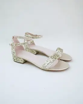 Gold Rock Glitter Low Block Heel Evening Sandals