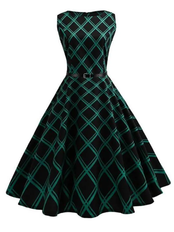 Green 1950s Plaid Belted Swing Dress