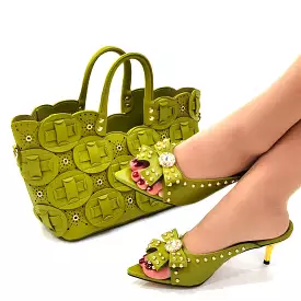 Green Nigerian Shoes with Matching Bags for Royal Wedding Party