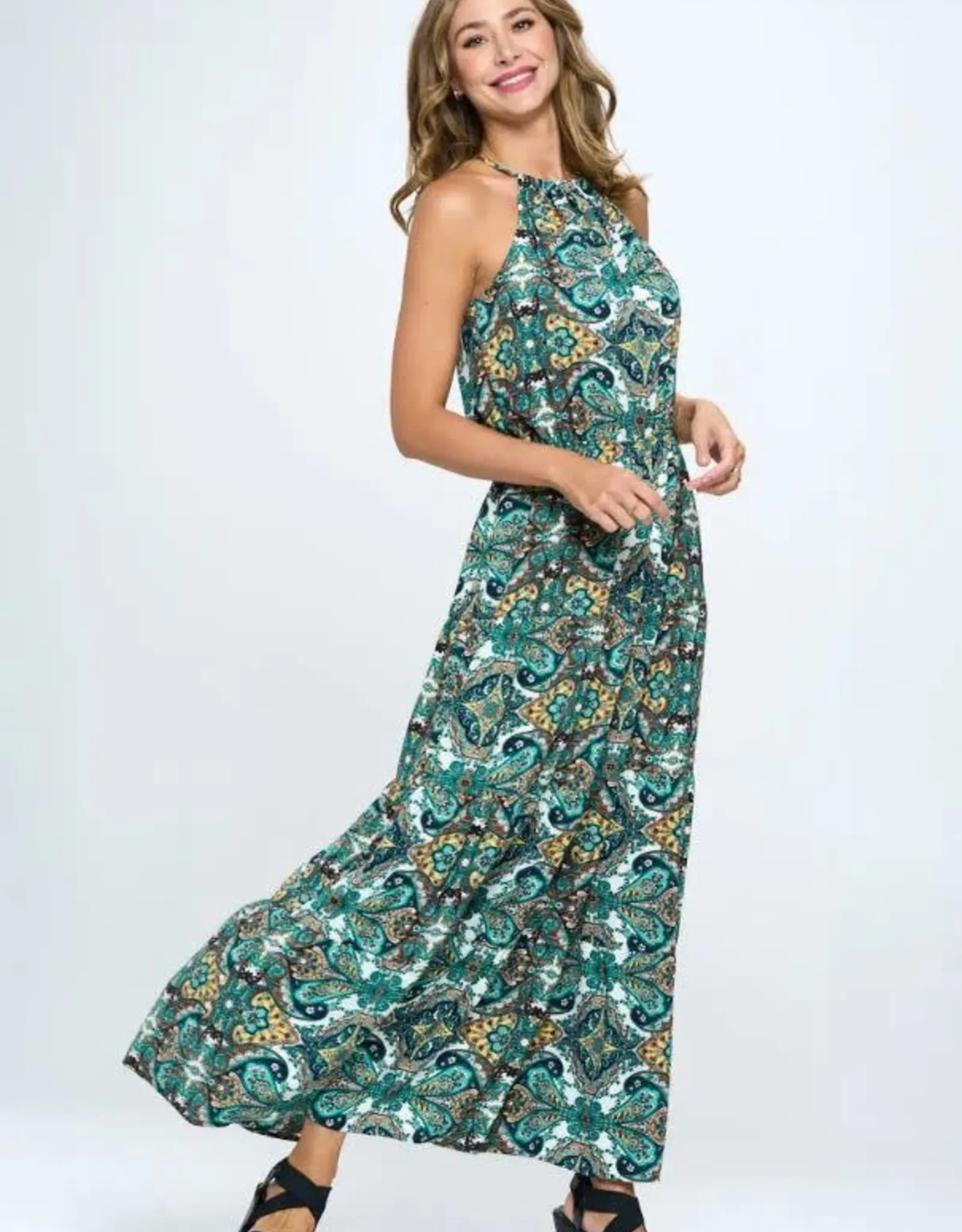   Green Print Halter Dress