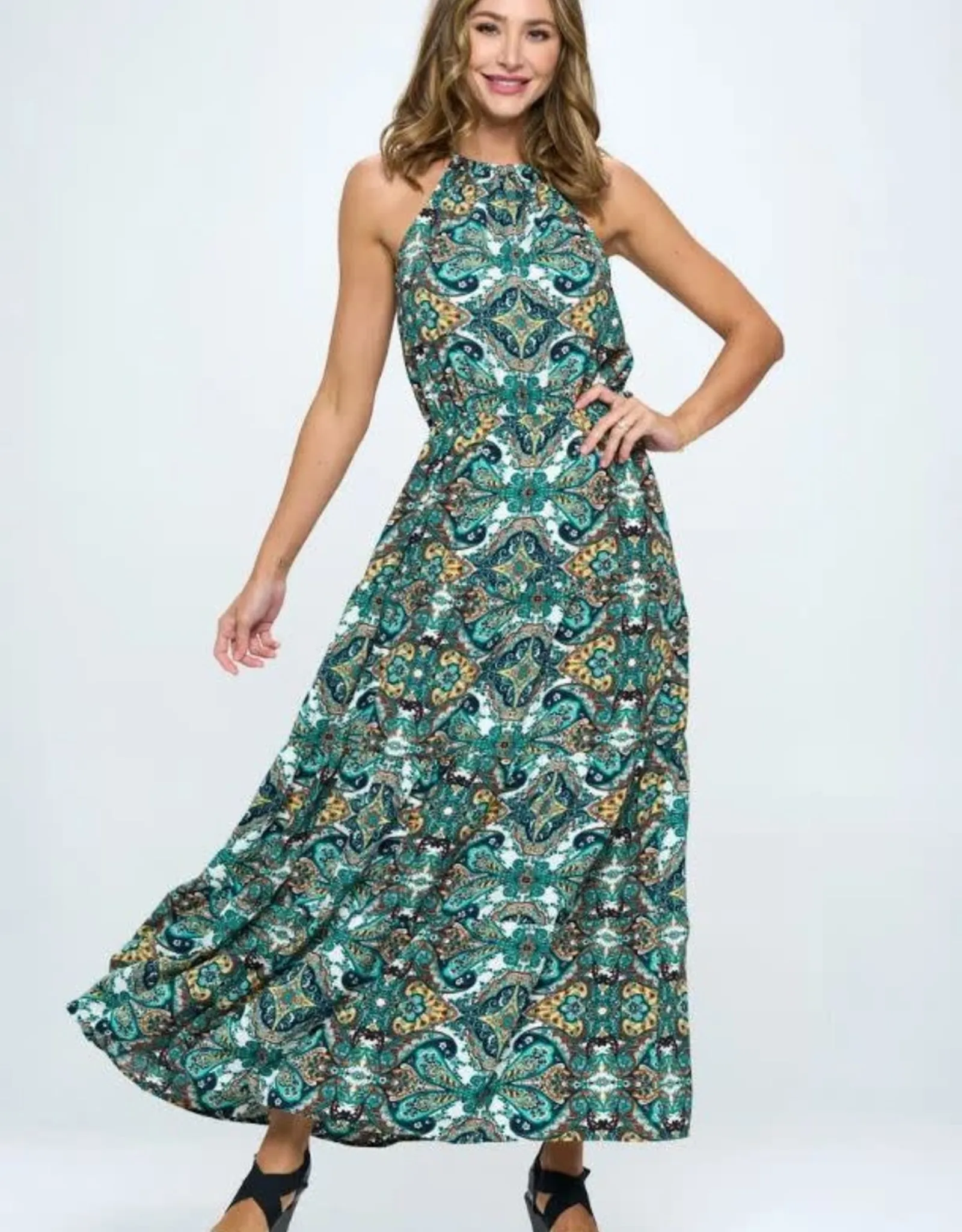   Green Print Halter Dress