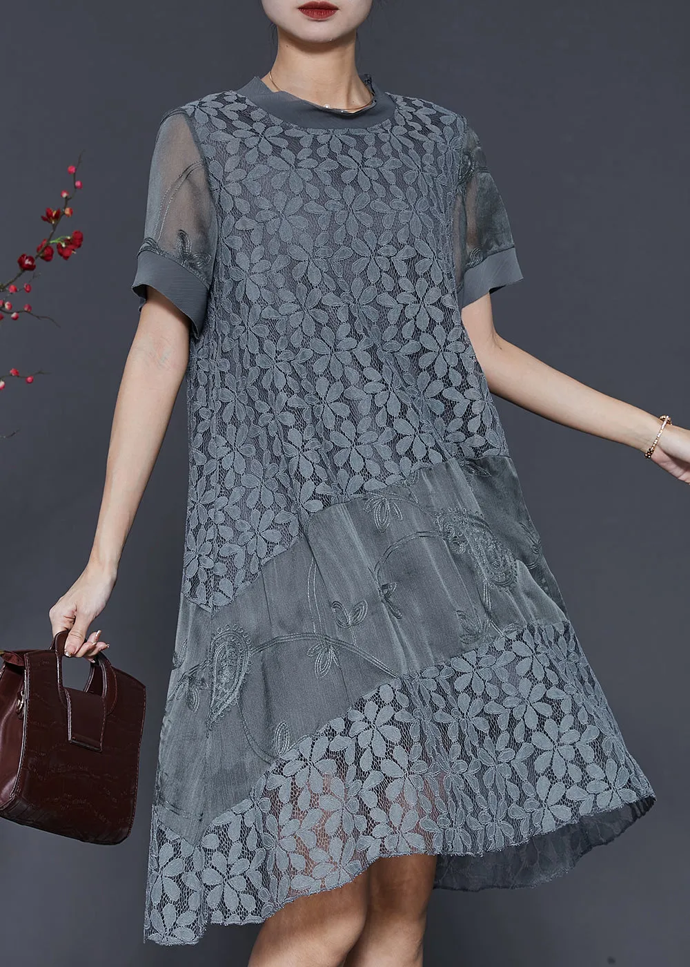 Grey Patchwork Lace Maxi Dress Embroidered Summer