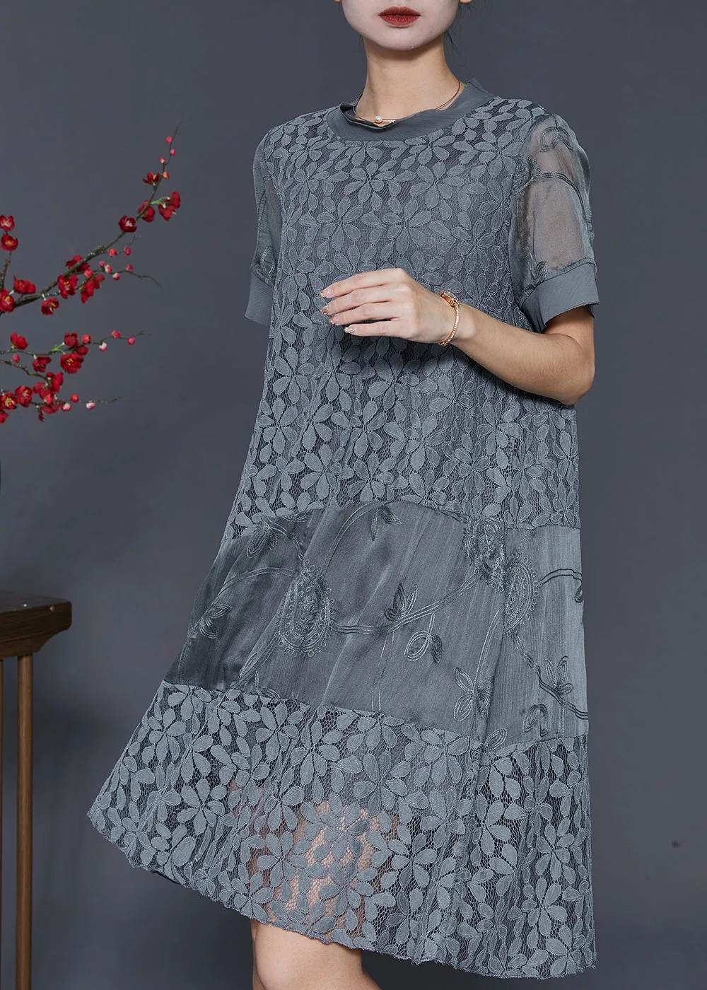 Grey Patchwork Lace Maxi Dress Embroidered Summer