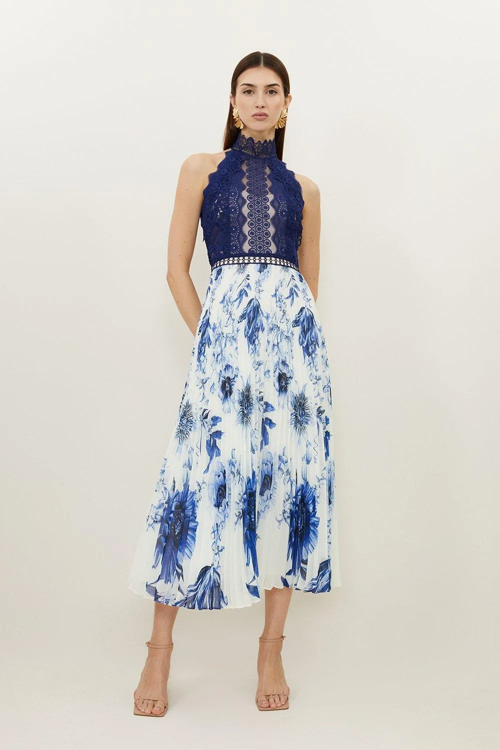 Guipure Lace Floral Print Woven Halter Maxi Dress | Karen Millen