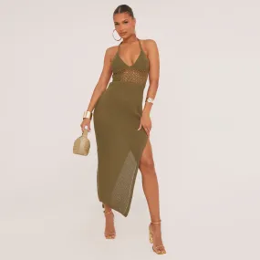 Halterneck Plunge Cut Out Detail Split Side Maxi Dress In Olive Green Crochet Knit