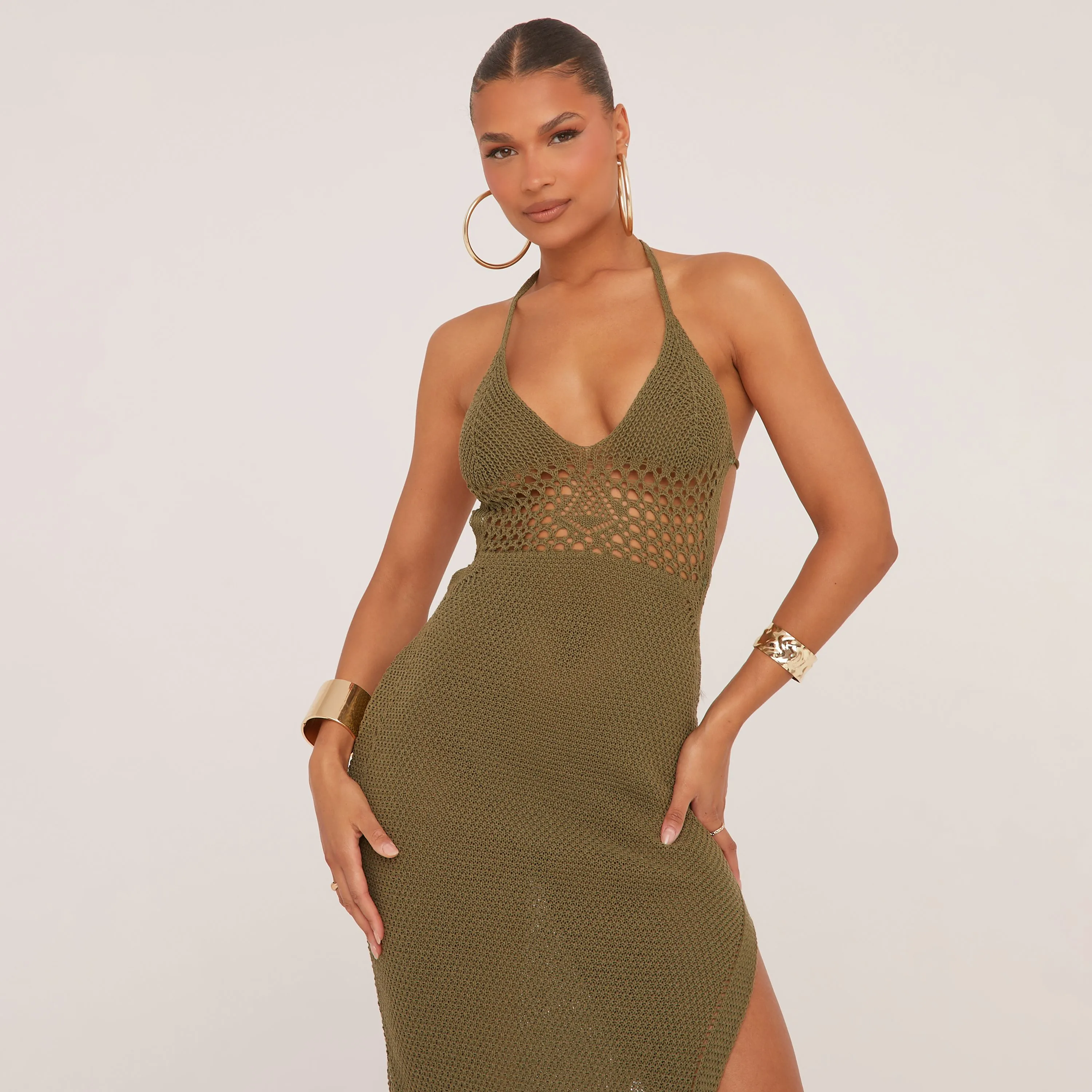 Halterneck Plunge Cut Out Detail Split Side Maxi Dress In Olive Green Crochet Knit