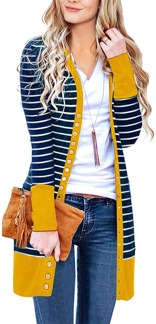 Haute Edition Striped Colorblock Snap Button Long Length Cardigan with Plus