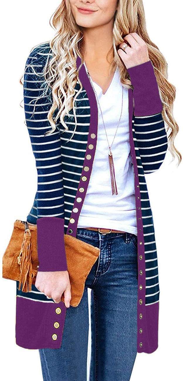 Haute Edition Striped Colorblock Snap Button Long Length Cardigan with Plus