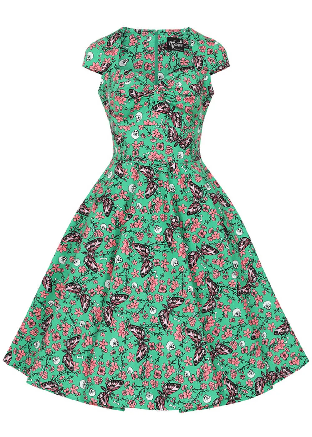 Hell Bunny Madilynn Moth Skull 50's Swing Dress Green