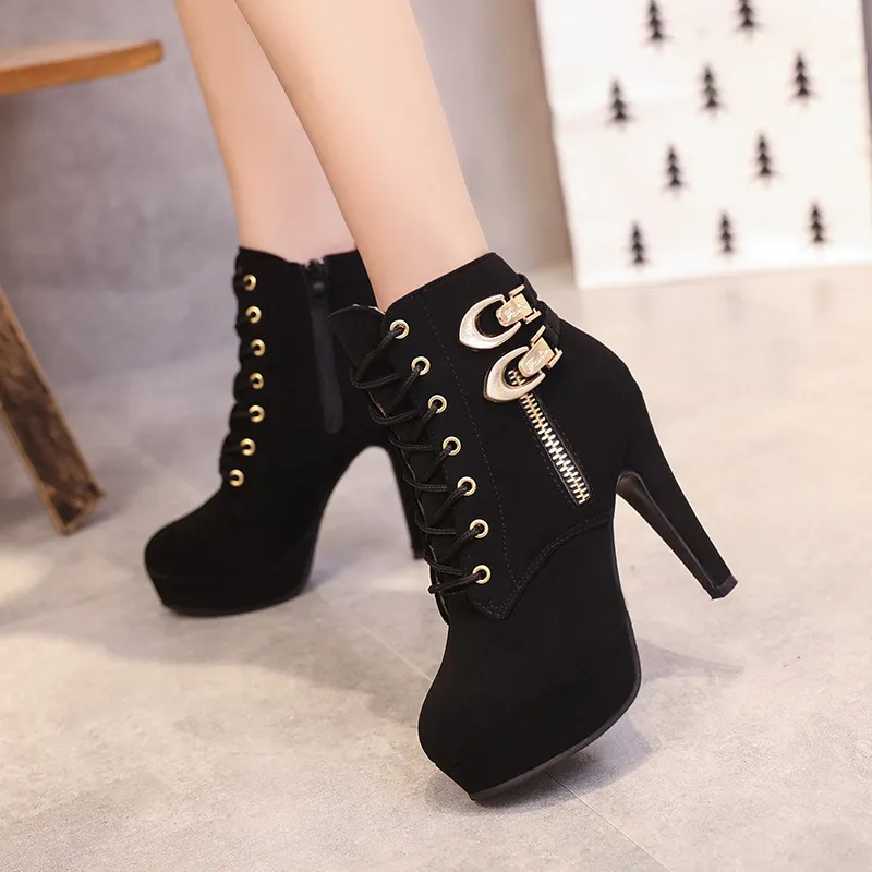  High Heel Short  Flock Lace-up Ankle Women's Boots