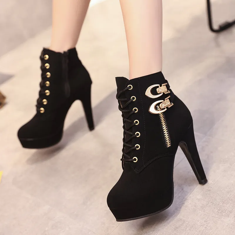  High Heel Short  Flock Lace-up Ankle Women's Boots