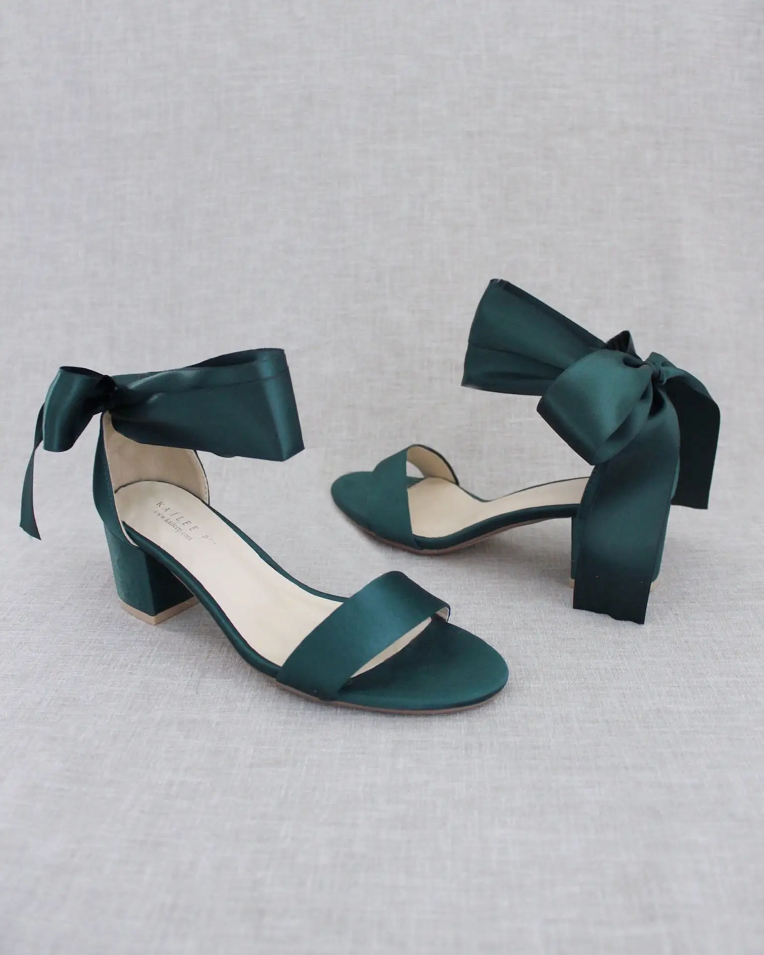 Hunter Green Satin Block Heel Sandal with Wrapped Satin Tie