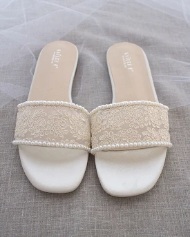 Ivory Crochet Slip on Sandals with Mini Pearls