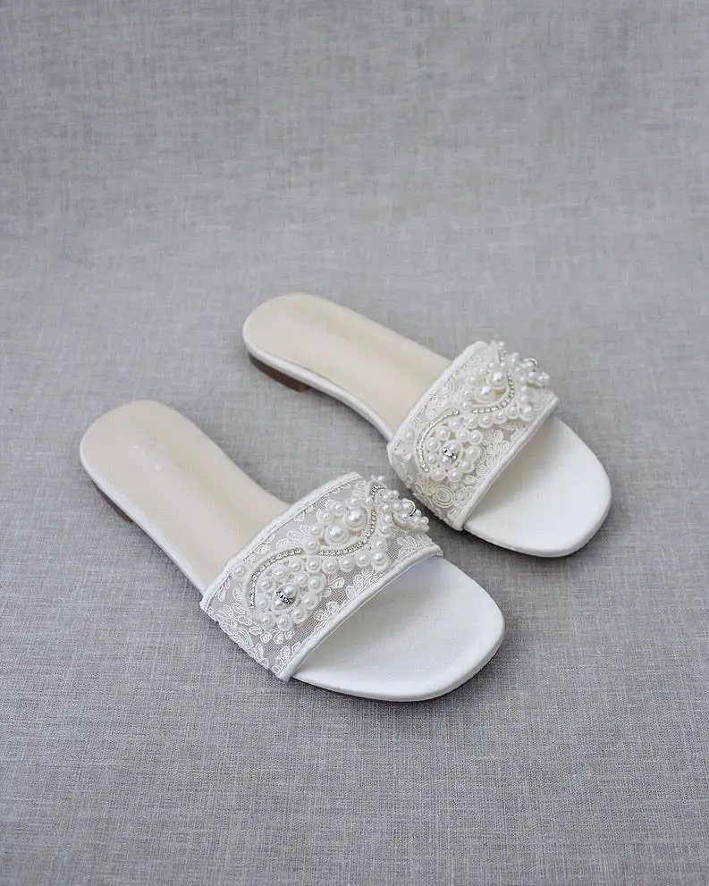 Ivory Crochet Slip on Sandals with Small Pearl Applique