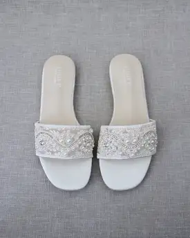 Ivory Crochet Slip on Sandals with Small Pearl Applique