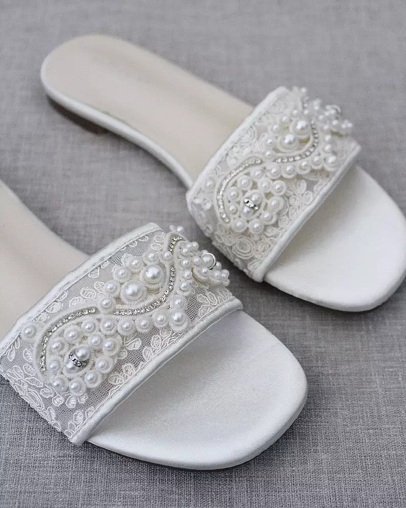 Ivory Crochet Slip on Sandals with Small Pearl Applique