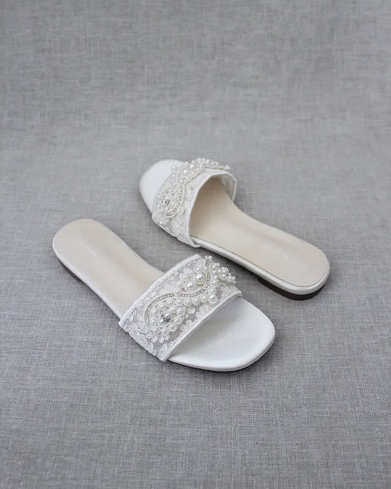 Ivory Crochet Slip on Sandals with Small Pearl Applique