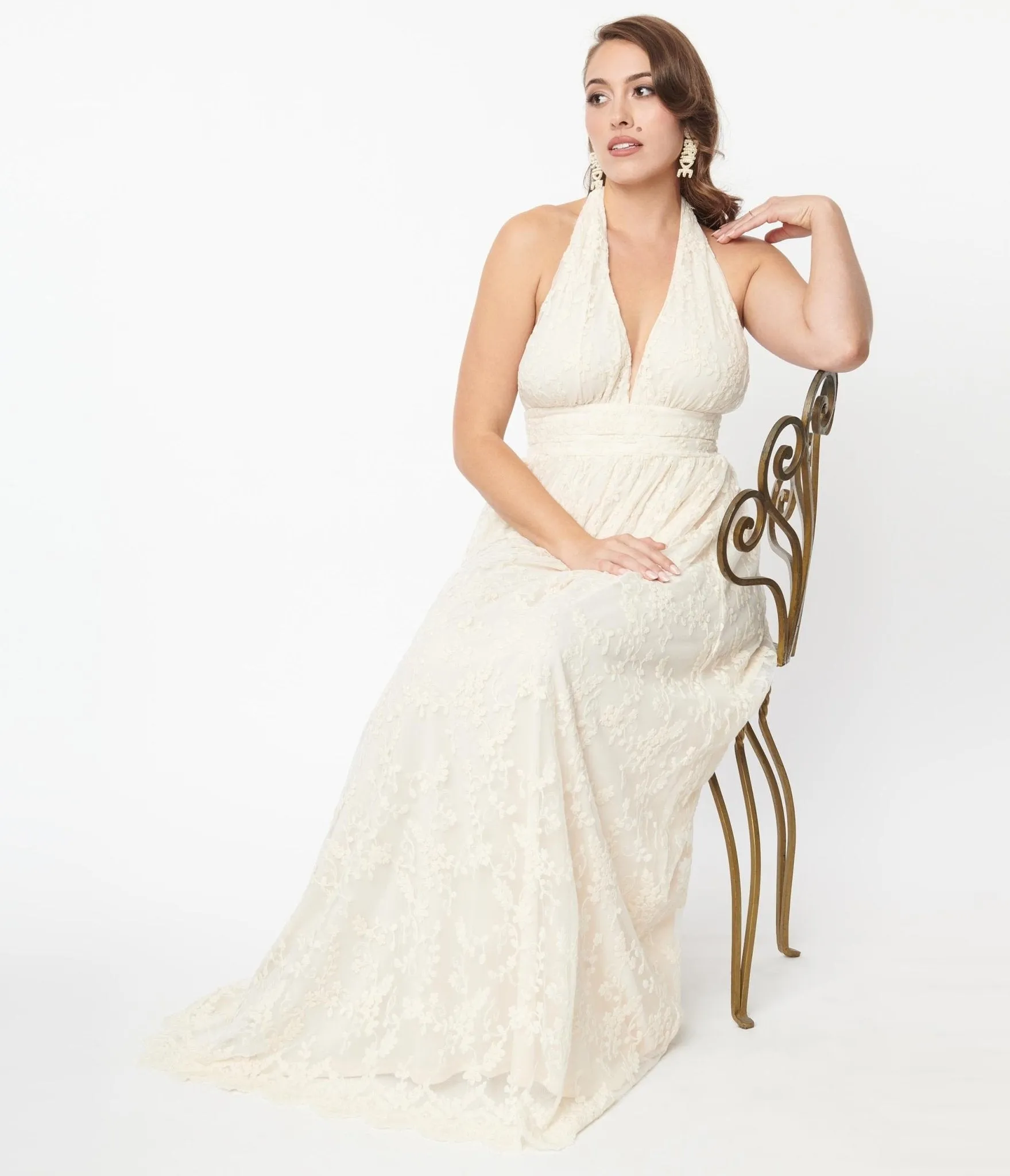 Ivory Lace Halter Bridal Maxi Dress