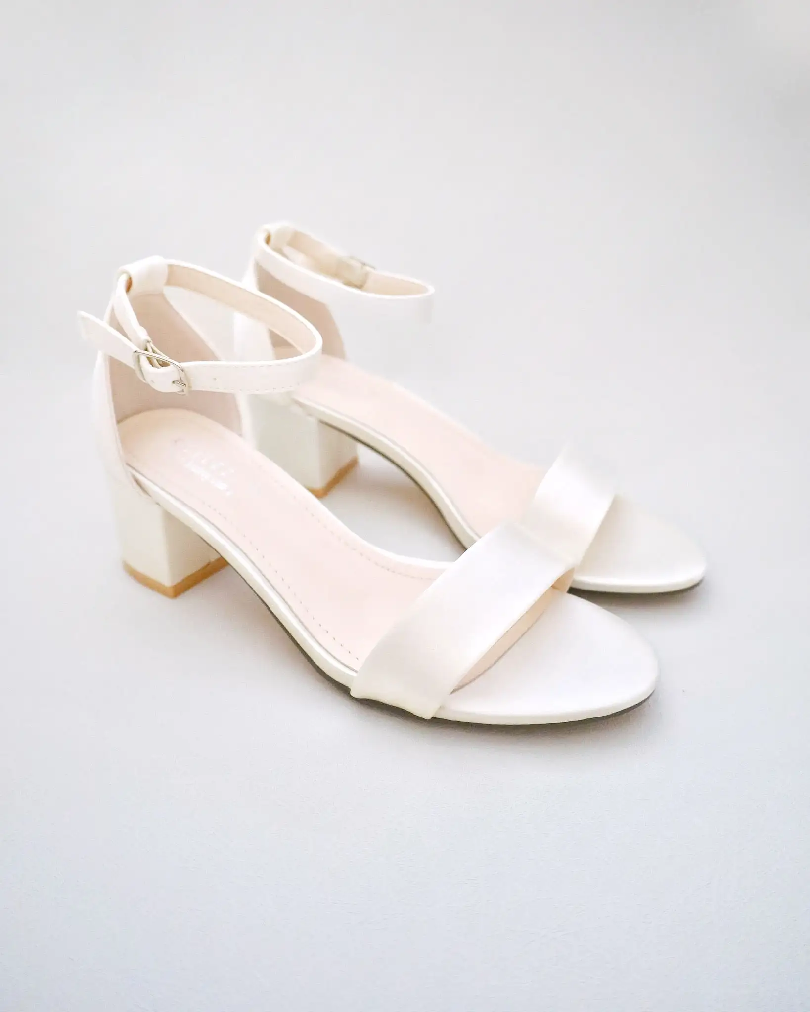 Ivory Satin Block Heel Sandals with Mini Rhinestones Embellished Ankle Strap