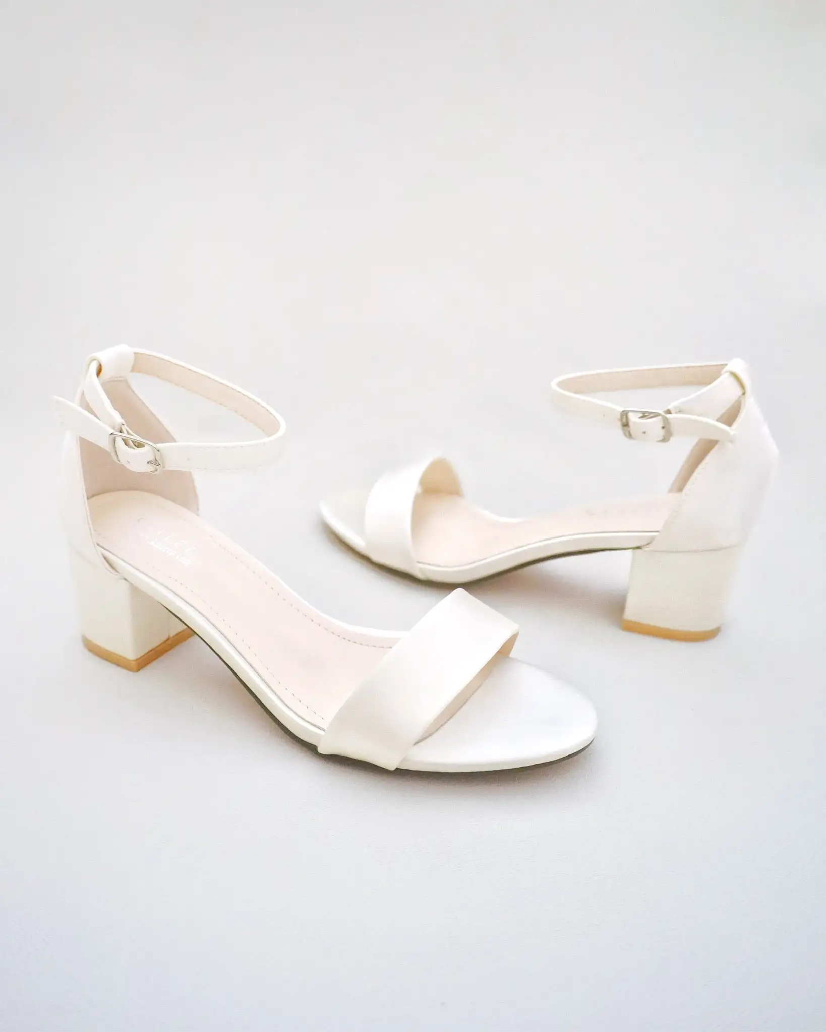 Ivory Satin Block Heel Sandals with Mini Rhinestones Embellished Ankle Strap