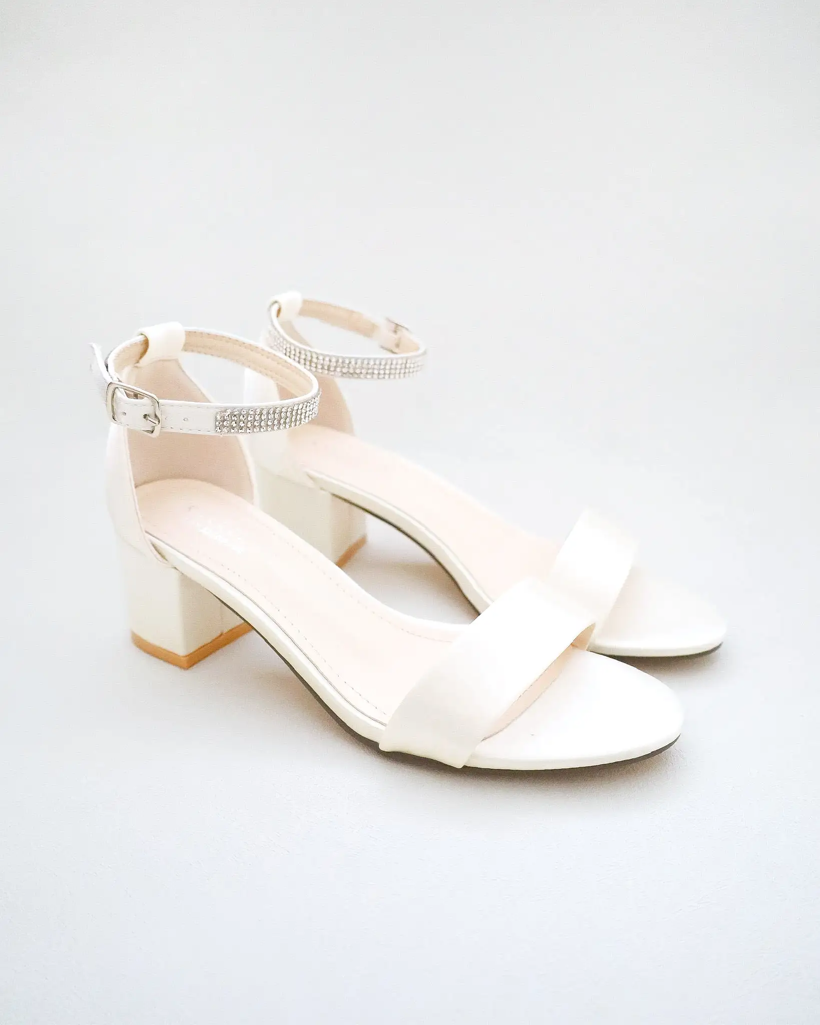 Ivory Satin Block Heel Sandals with Mini Rhinestones Embellished Ankle Strap