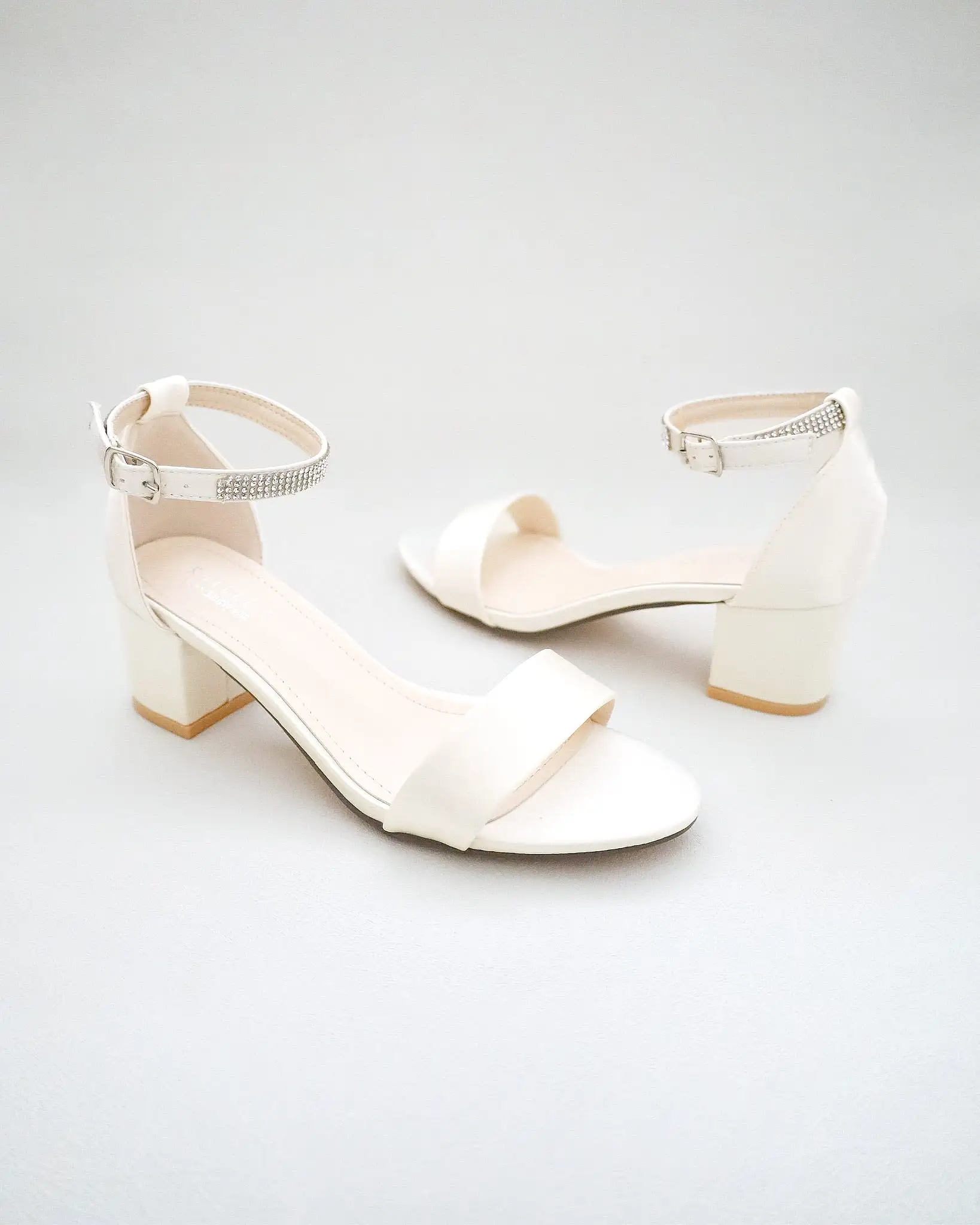 Ivory Satin Block Heel Sandals with Mini Rhinestones Embellished Ankle Strap