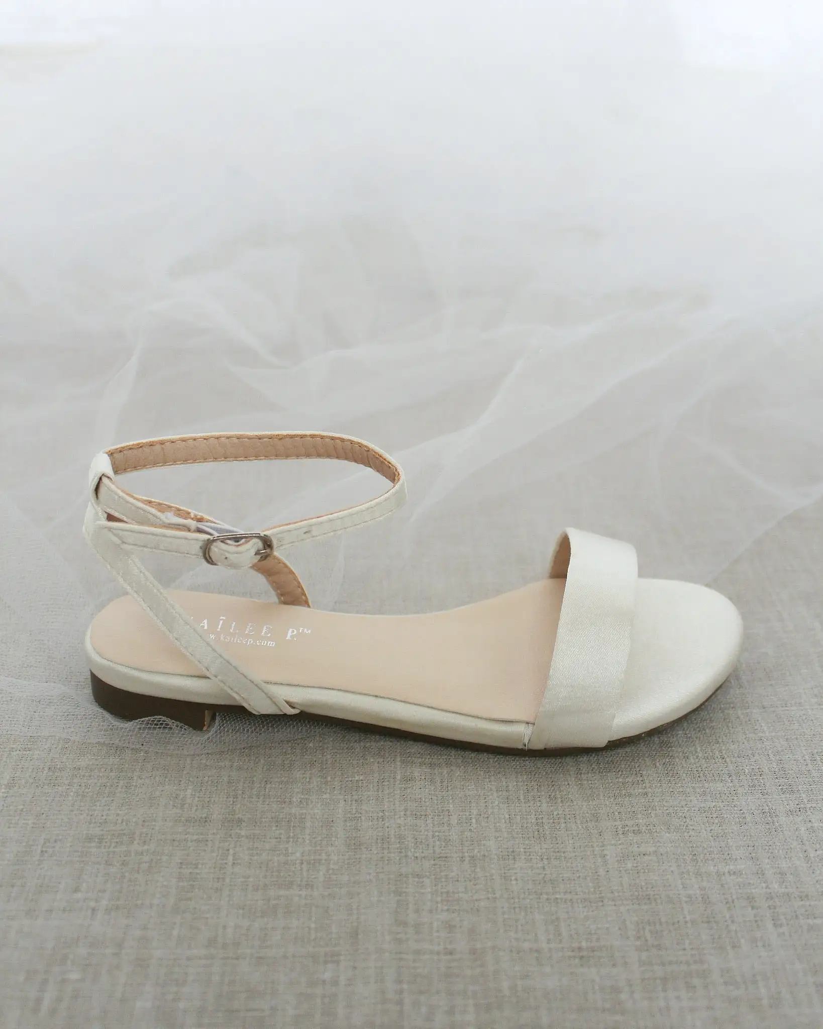 Ivory Satin Flat Sandal with Ankle Strap