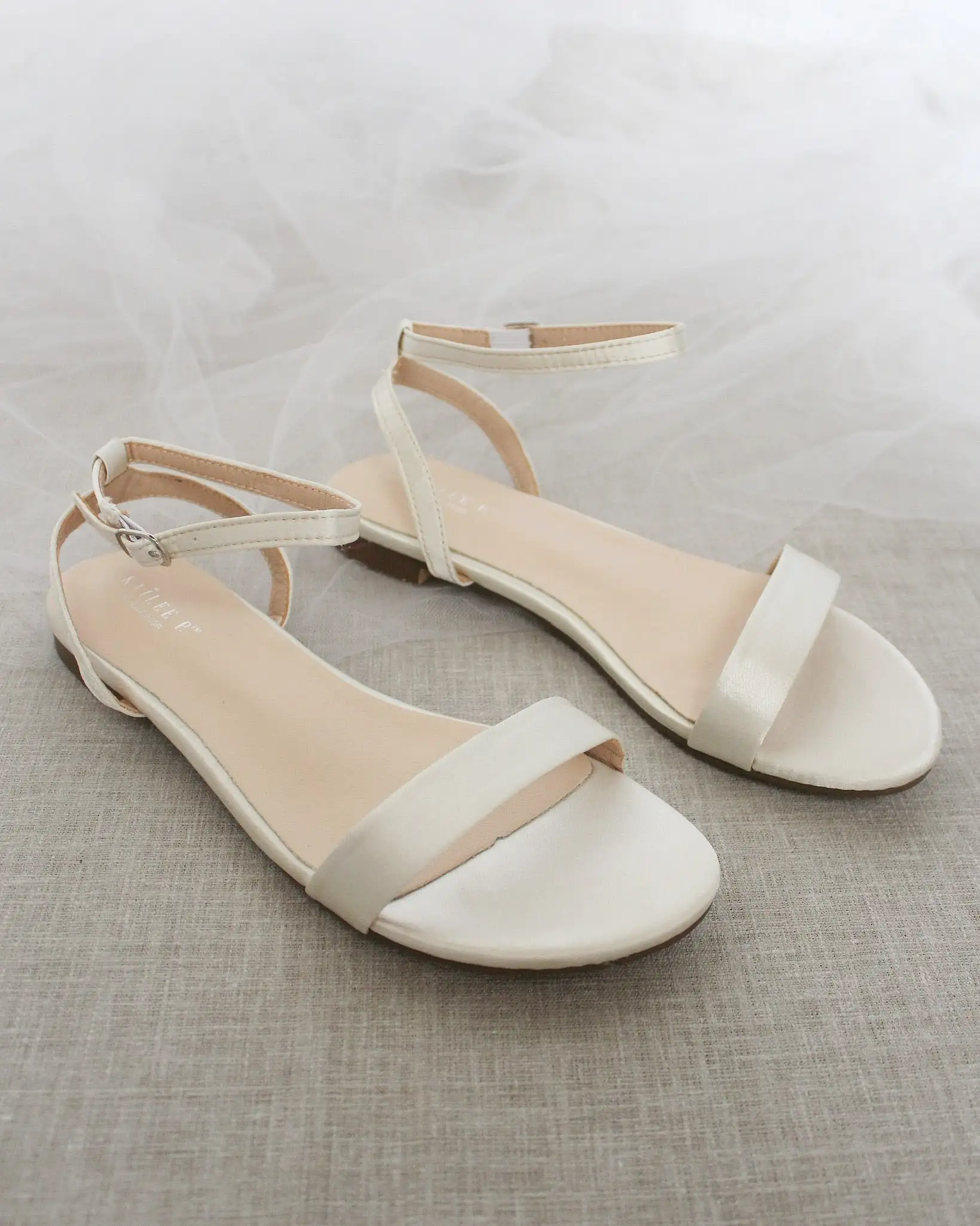 Ivory Satin Flat Sandal with Ankle Strap