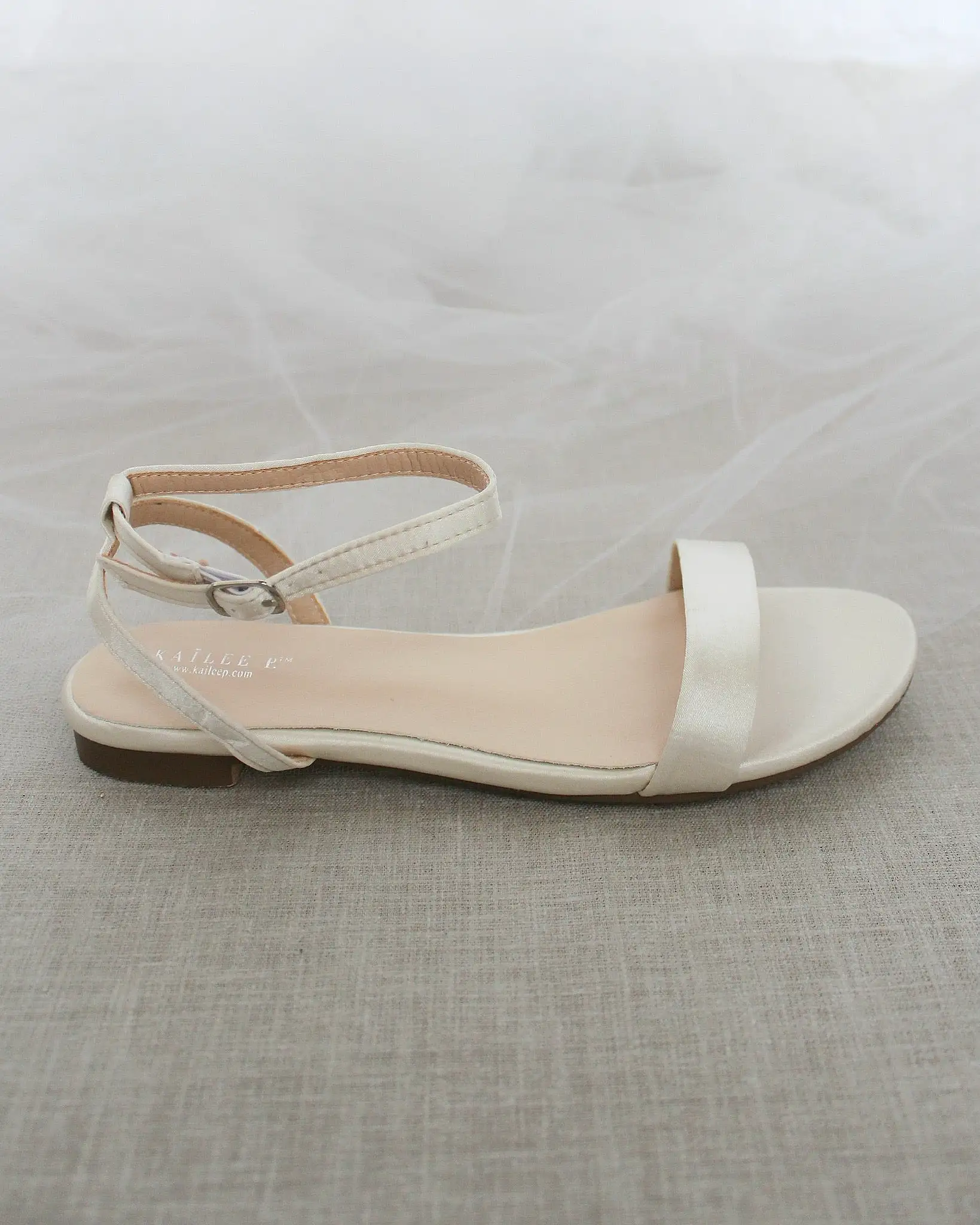 Ivory Satin Flat Sandal with Ankle Strap