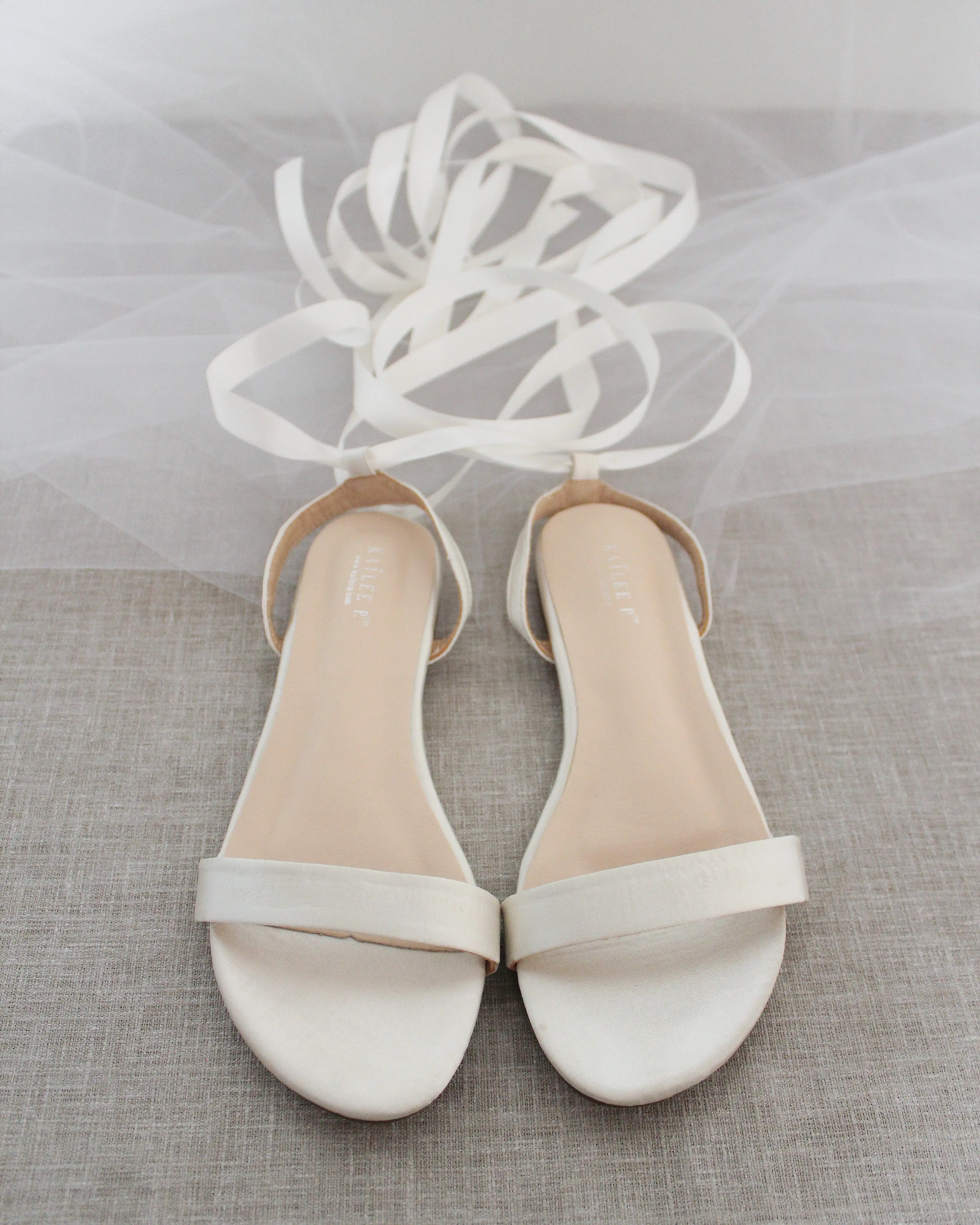 Ivory Satin Flat Sandal with Ballerina Lace Up