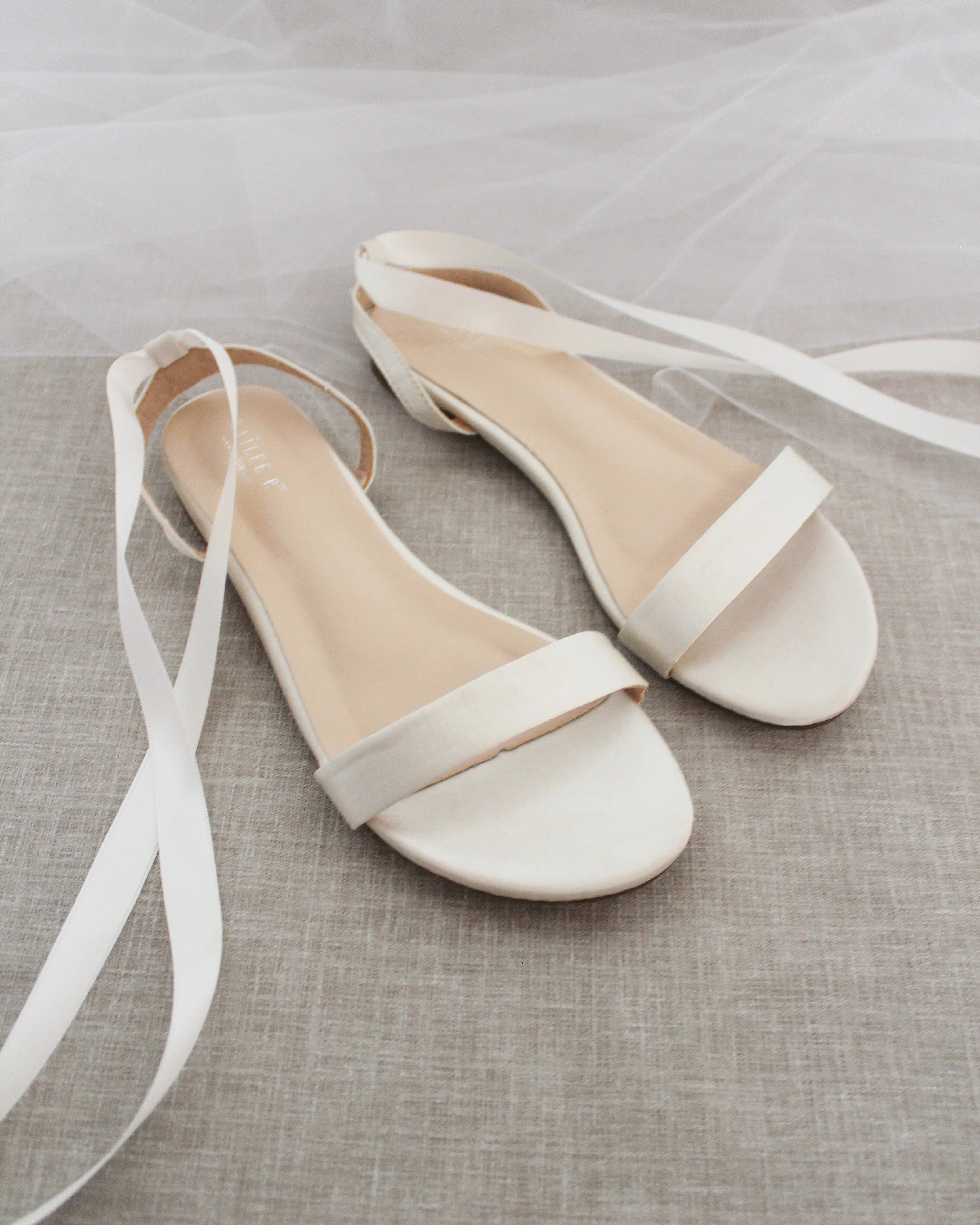 Ivory Satin Flat Sandal with Ballerina Lace Up