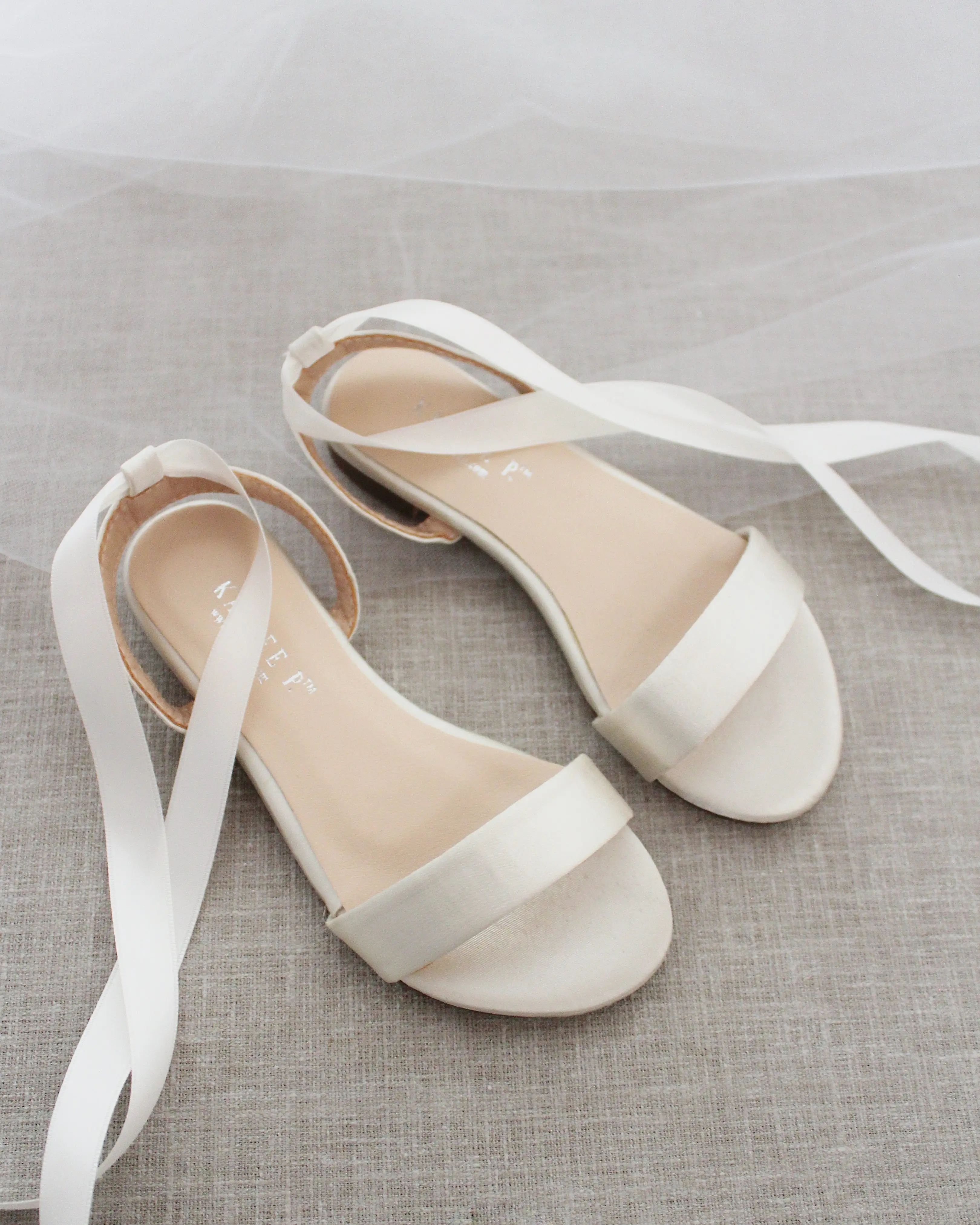 Ivory Satin Flat Sandal with Ballerina Lace Up