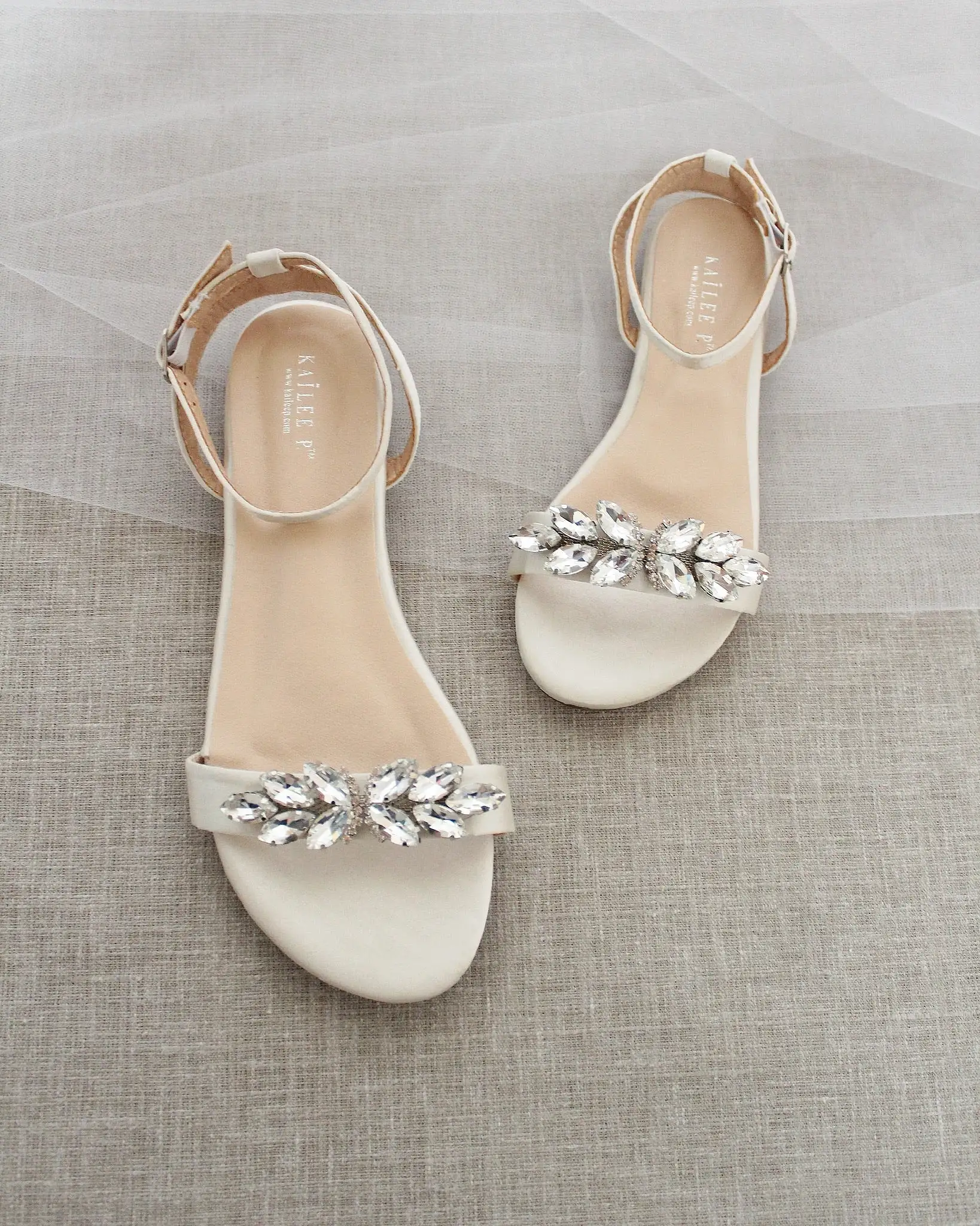 Ivory Satin Flat Sandal with Butterfly Brooch and Ankle Strap