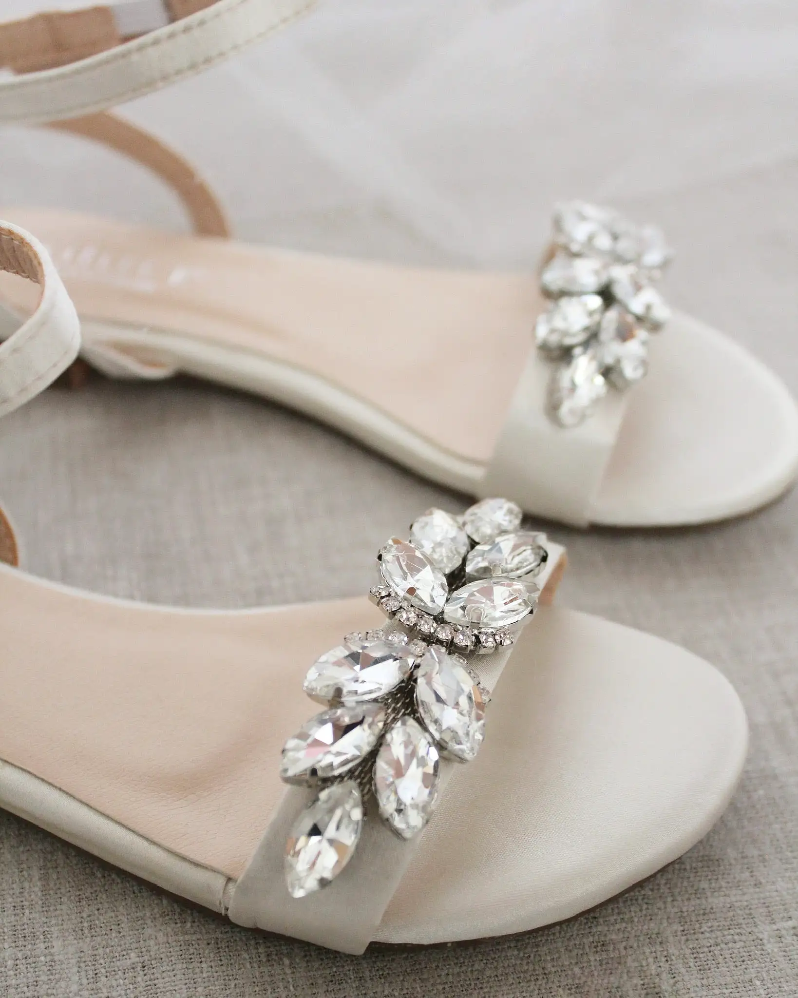 Ivory Satin Flat Sandal with Butterfly Brooch and Ankle Strap