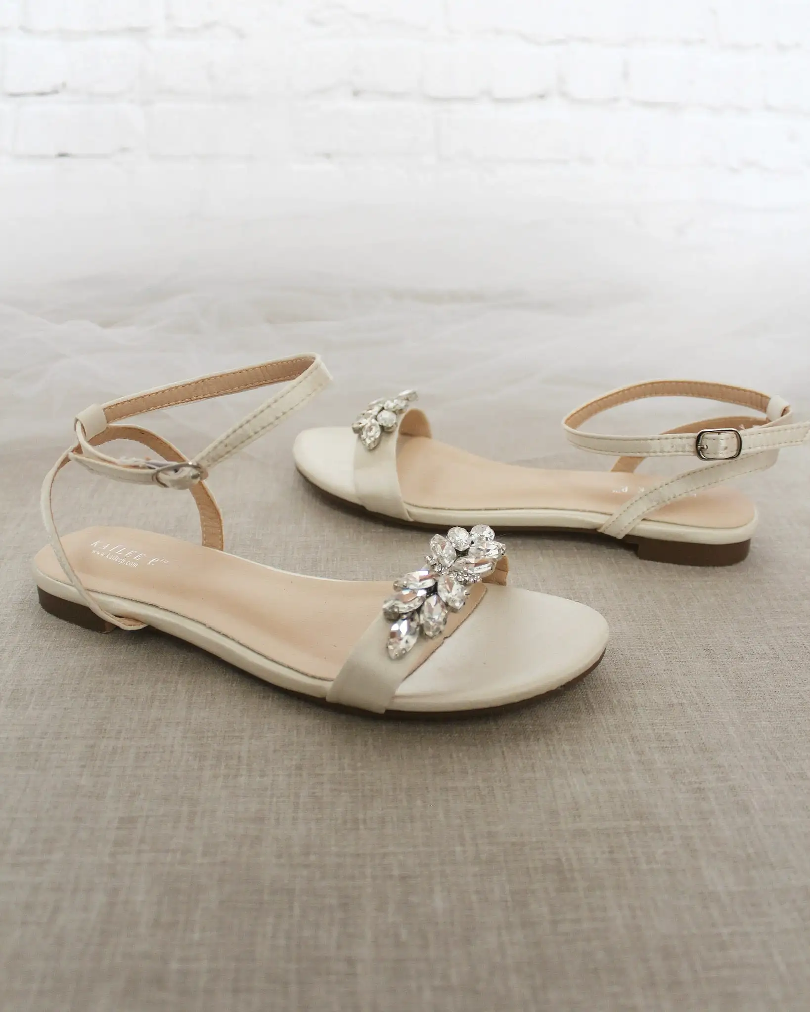 Ivory Satin Flat Sandal with Butterfly Brooch and Ankle Strap