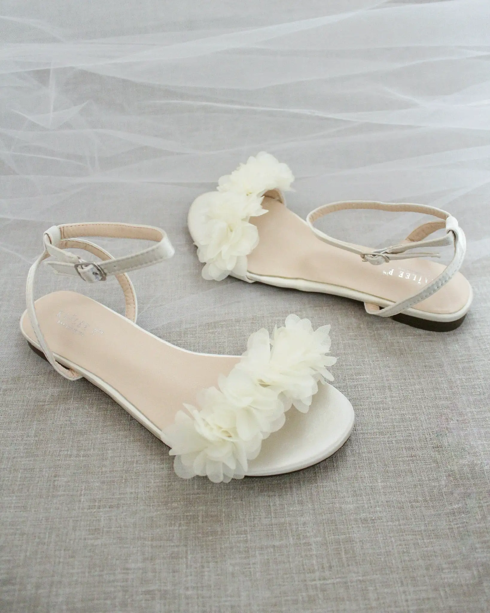 Ivory Satin Flat Sandal with Chiffon Flowers and Ankle Strap