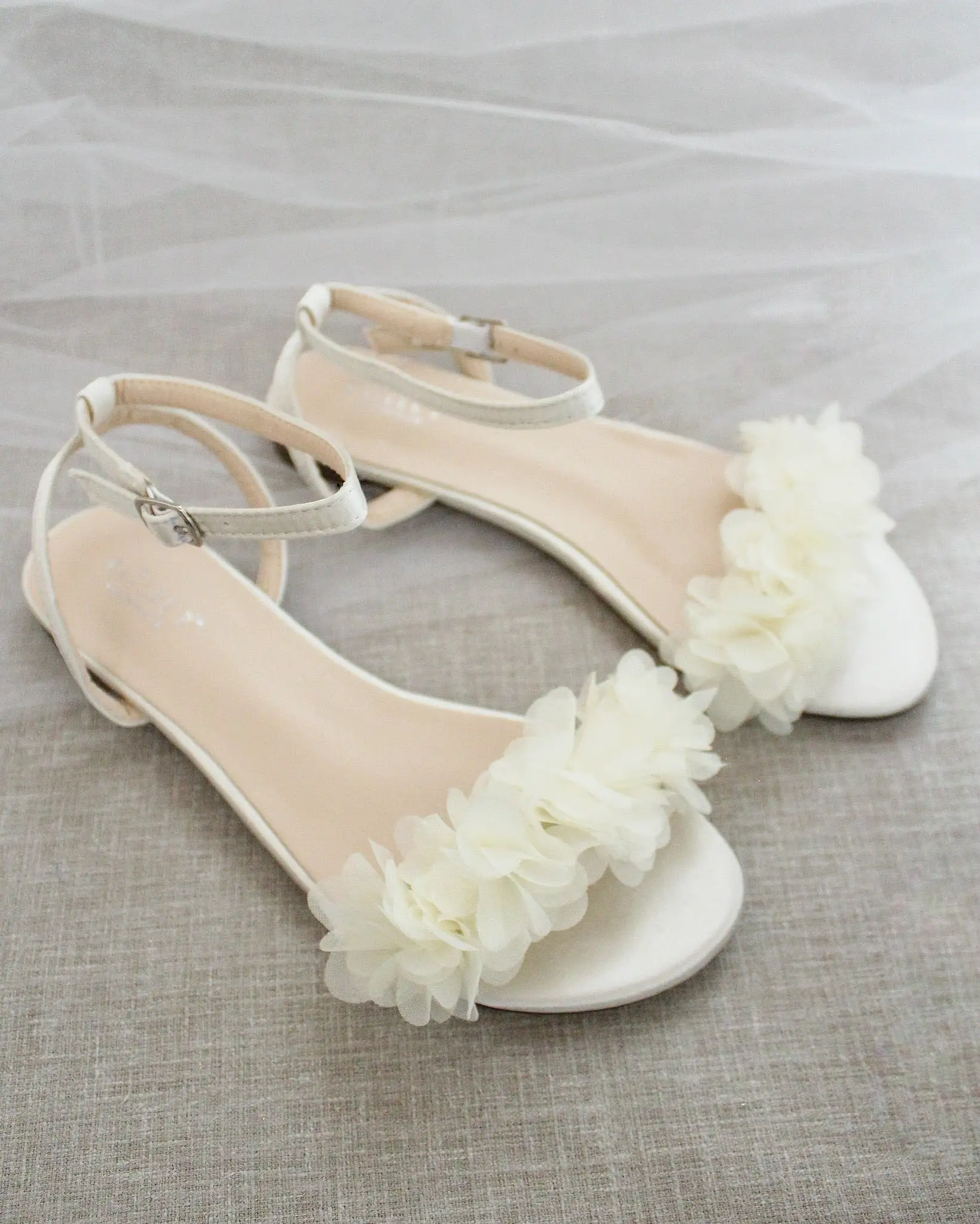 Ivory Satin Flat Sandal with Chiffon Flowers and Ankle Strap