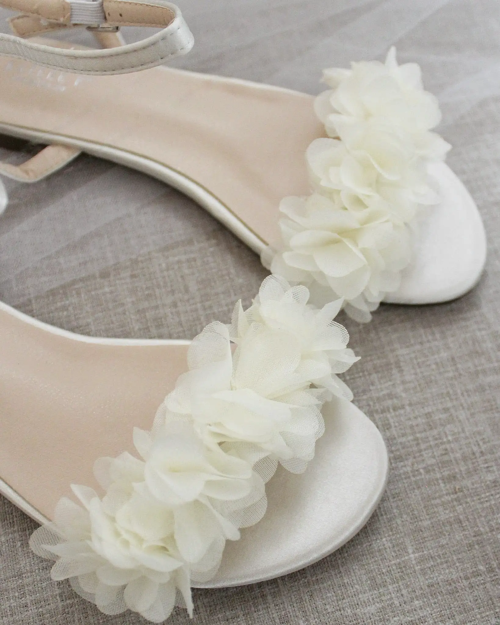 Ivory Satin Flat Sandal with Chiffon Flowers and Ankle Strap