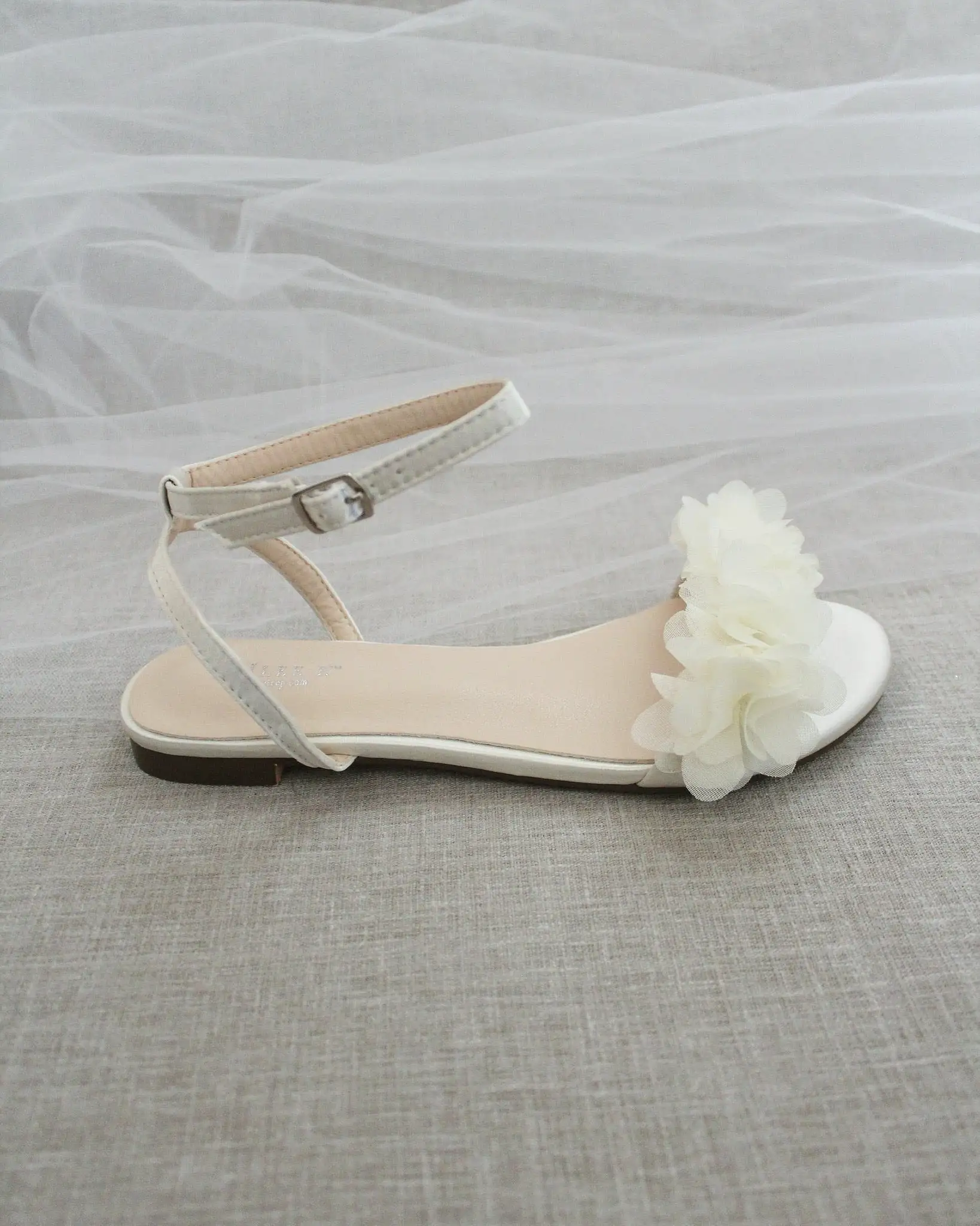 Ivory Satin Flat Sandal with Chiffon Flowers and Ankle Strap