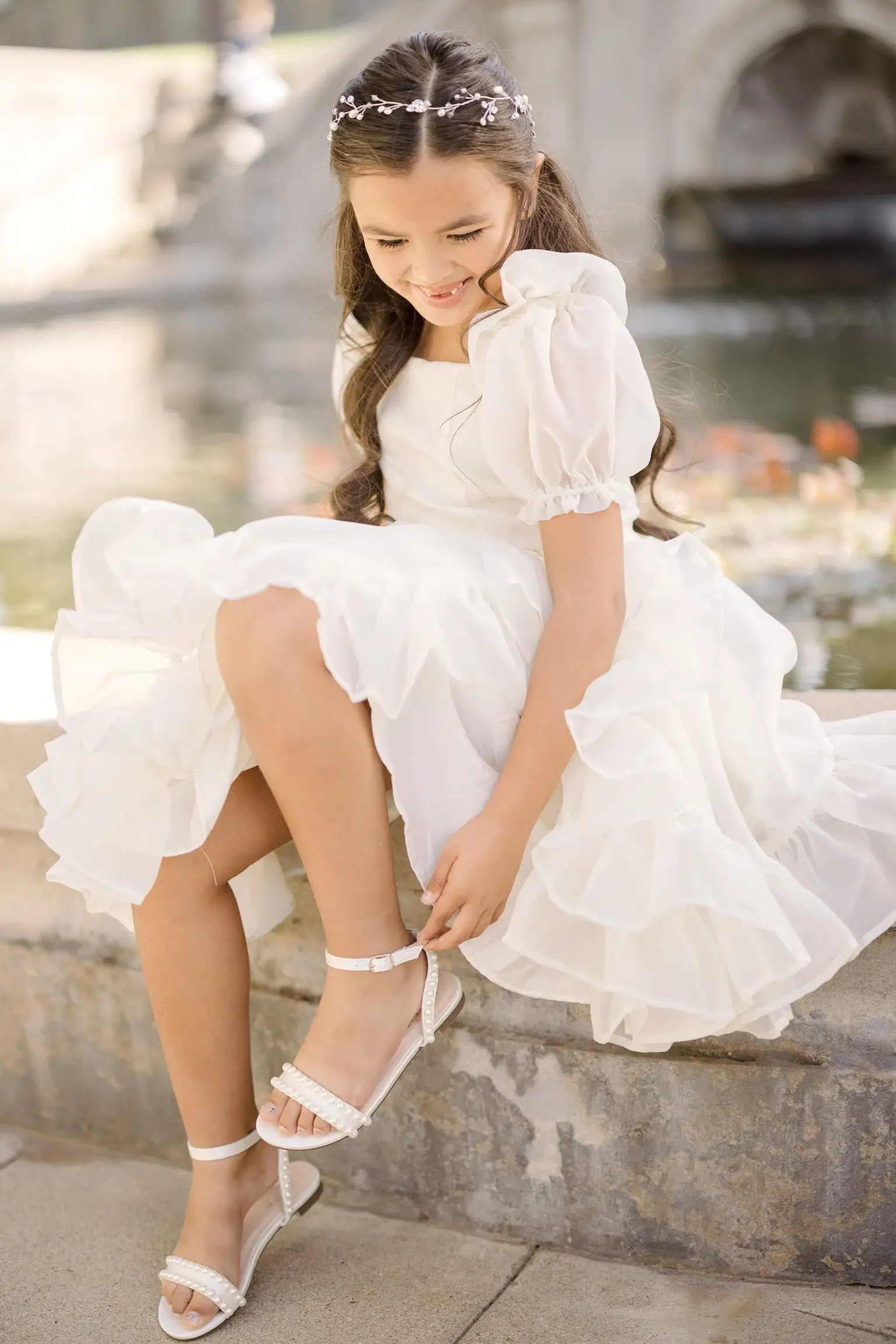 Ivory Satin Flat Sandal with Pearls and Ankle Strap