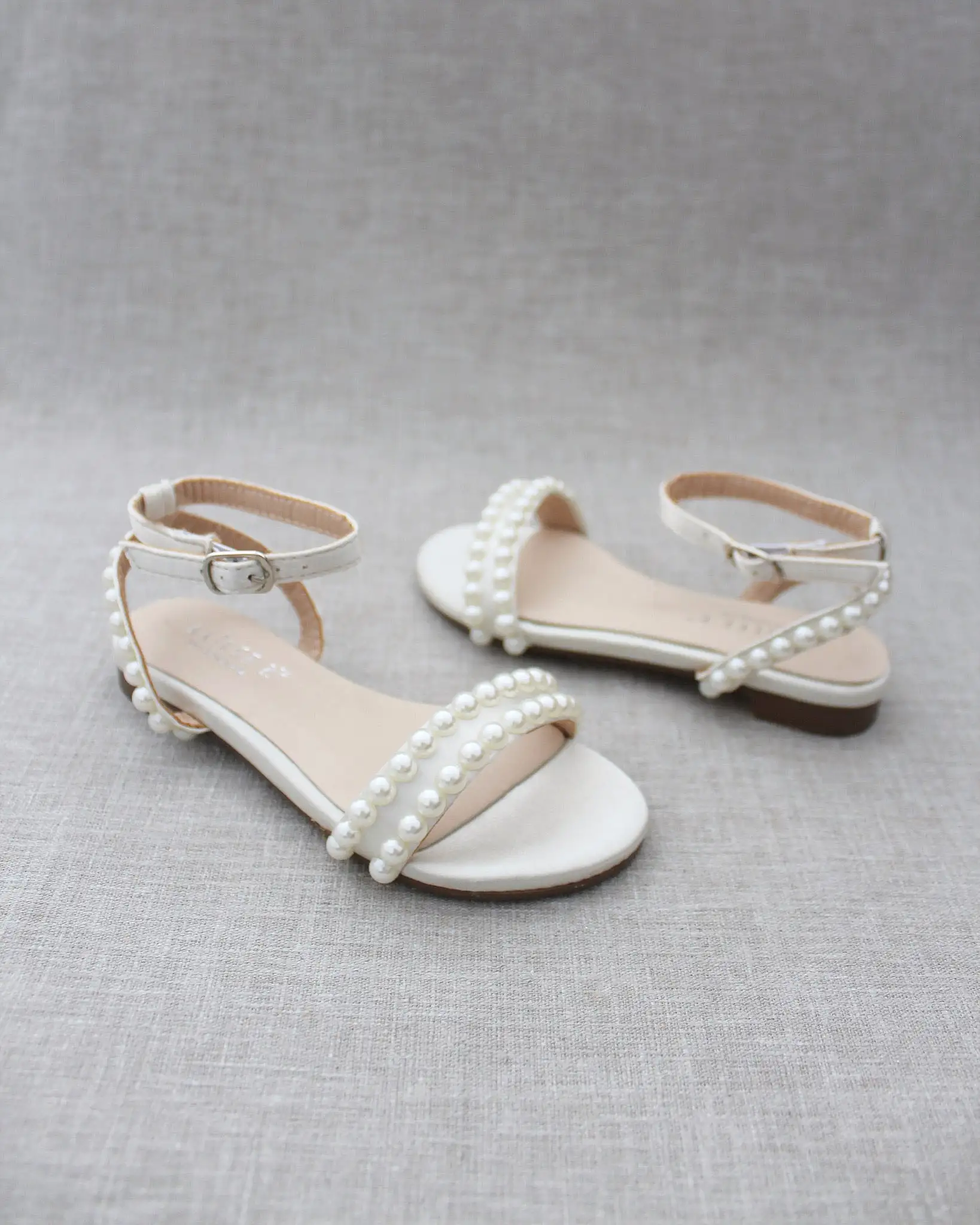 Ivory Satin Flat Sandal with Pearls and Ankle Strap