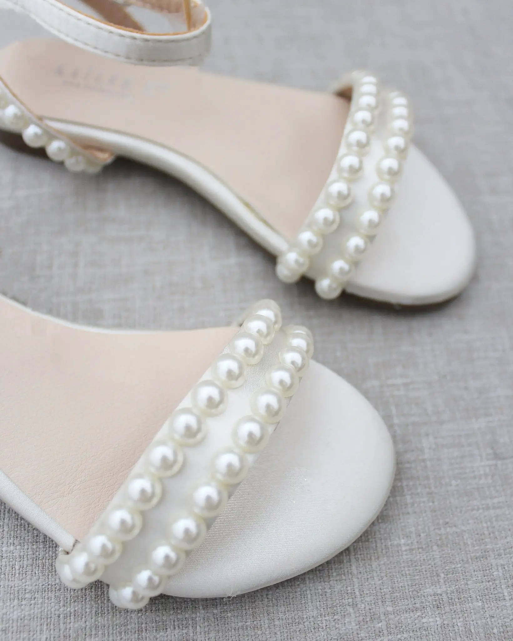 Ivory Satin Flat Sandal with Pearls and Ankle Strap