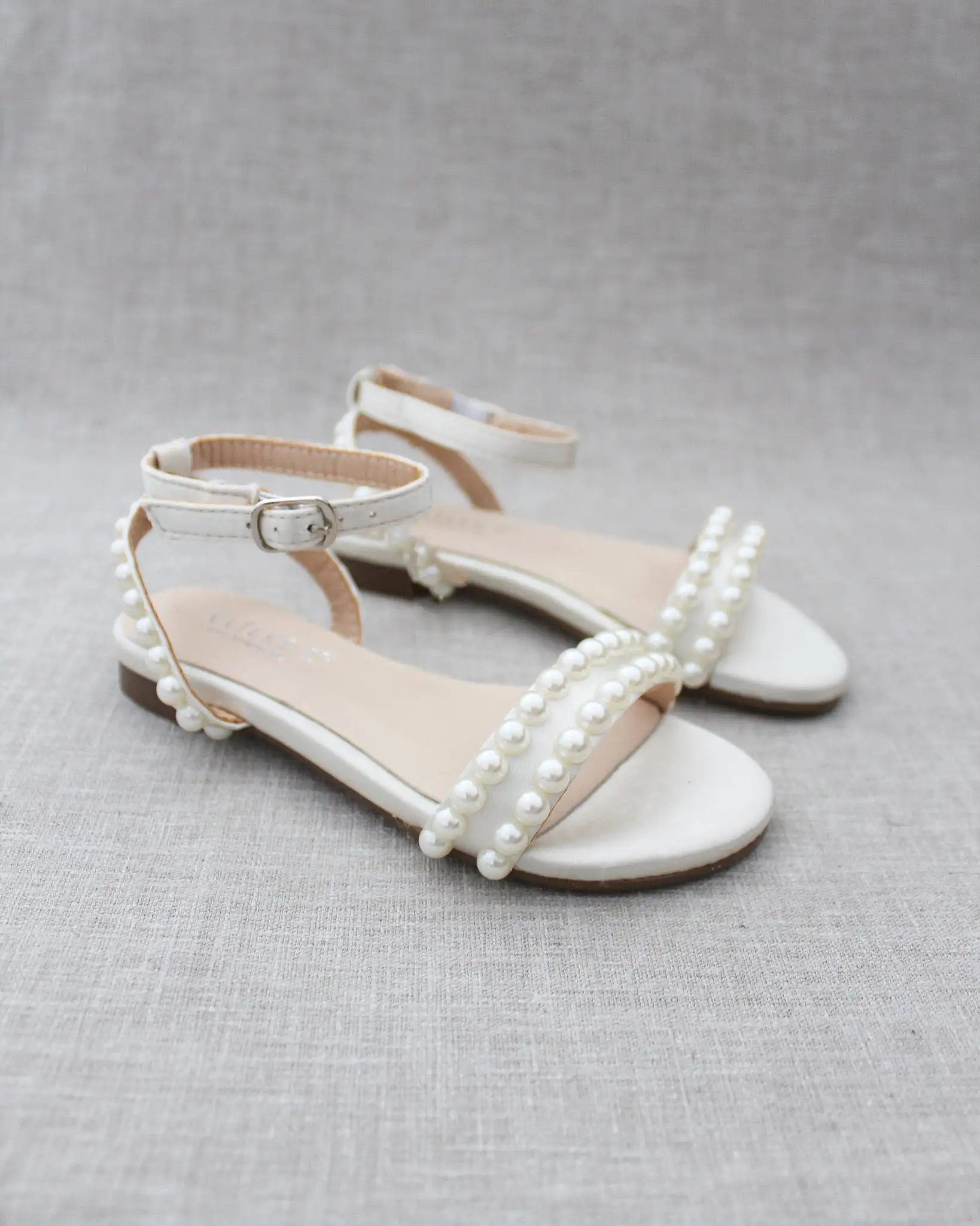 Ivory Satin Flat Sandal with Pearls and Ankle Strap