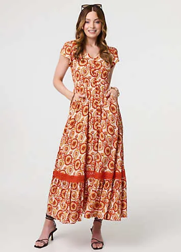 Izabel London Multi Orange Paisley Cap Sleeve Lace Trim Maxi Dress | Grattan