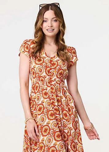 Izabel London Multi Orange Paisley Cap Sleeve Lace Trim Maxi Dress | Grattan