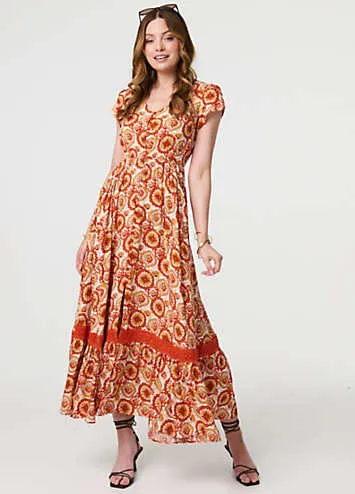 Izabel London Multi Orange Paisley Cap Sleeve Lace Trim Maxi Dress | Grattan